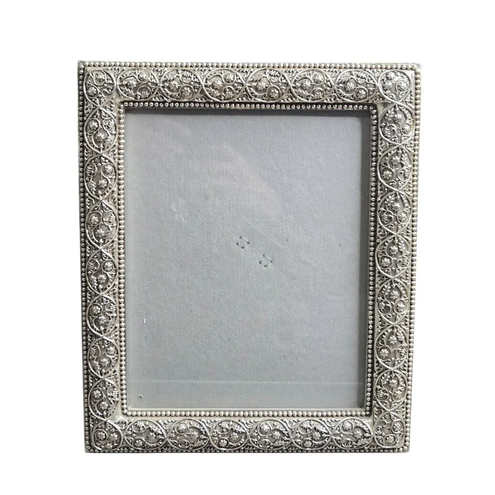 Vintage Ornate Filigree Floral Silver Toned Metal Tabletop Photo Frame